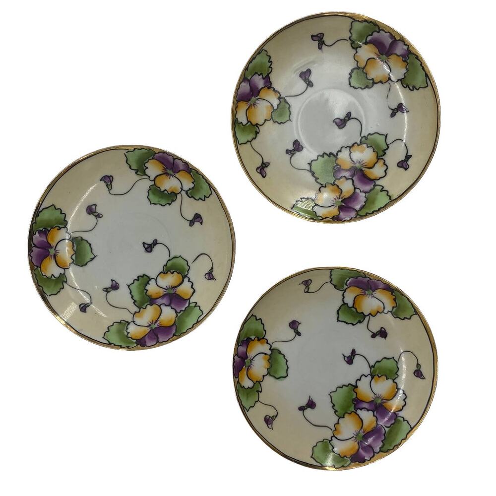E-OH NIPPON VINTAGE Saucers 3 Purple Yellow Flowers Pansies Violets